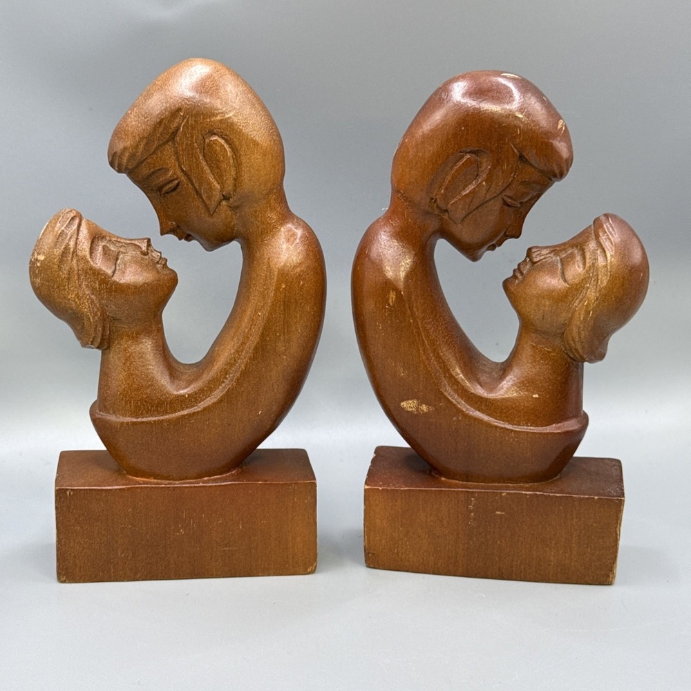Vintage Mid Century Modern Carved Monkey POD Wood lovers Embrace Bookends Statue